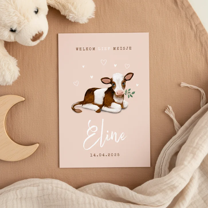 Geboortekaartje meisje lente kalfje koe hartjes boerderij