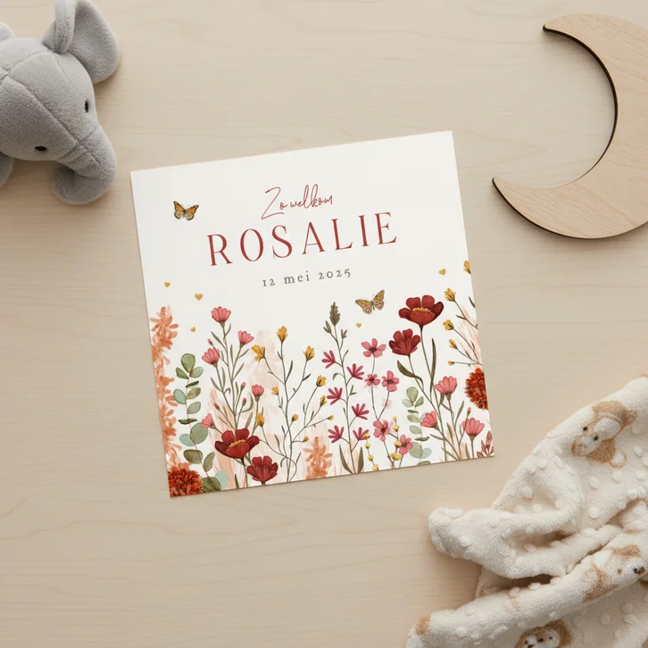 Geboortekaartje meisje lente wilde bloemen vlinders hartjes