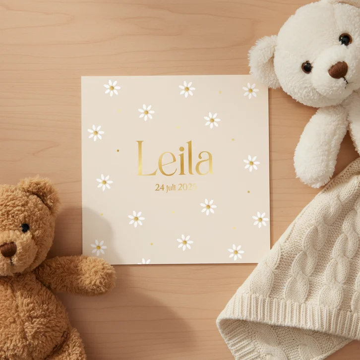 Geboortekaartje meisje lente zomer margrietjes goud