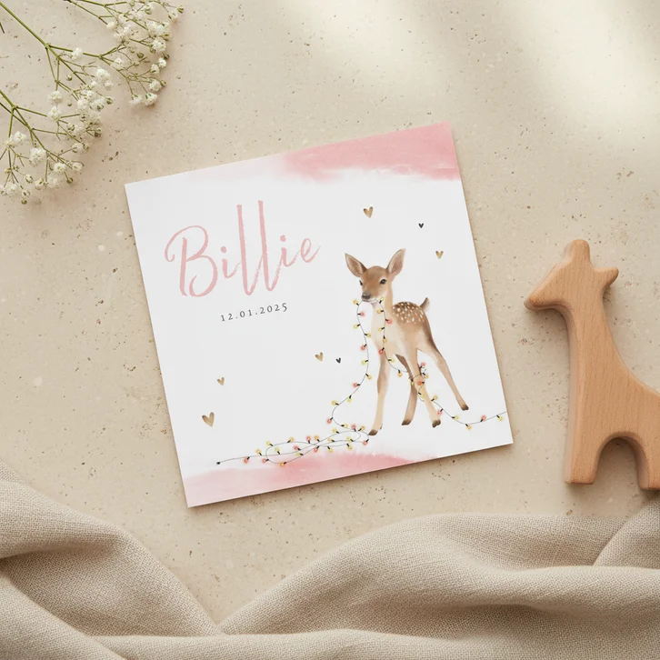 Geboortekaartje meisje lief hertje lampjes winter waterverf