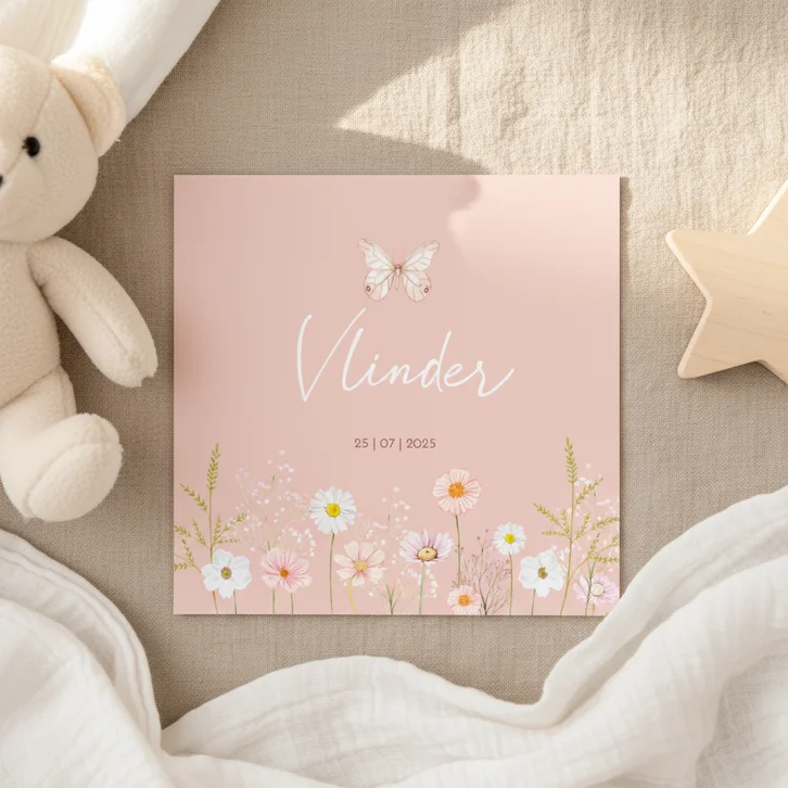 Geboortekaartje meisje met bloemen en vlinder