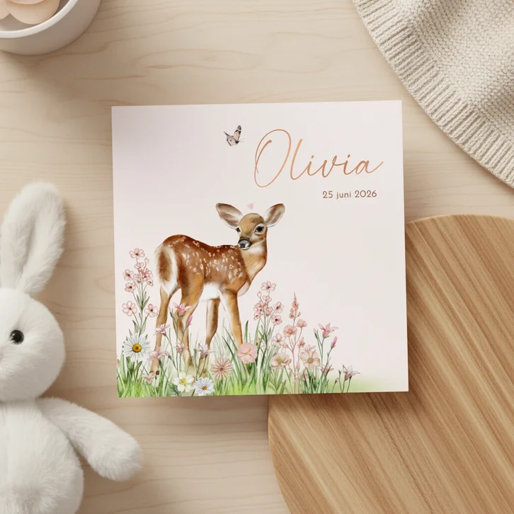 Geboortekaartje meisje met hertje tussen bloemetjes