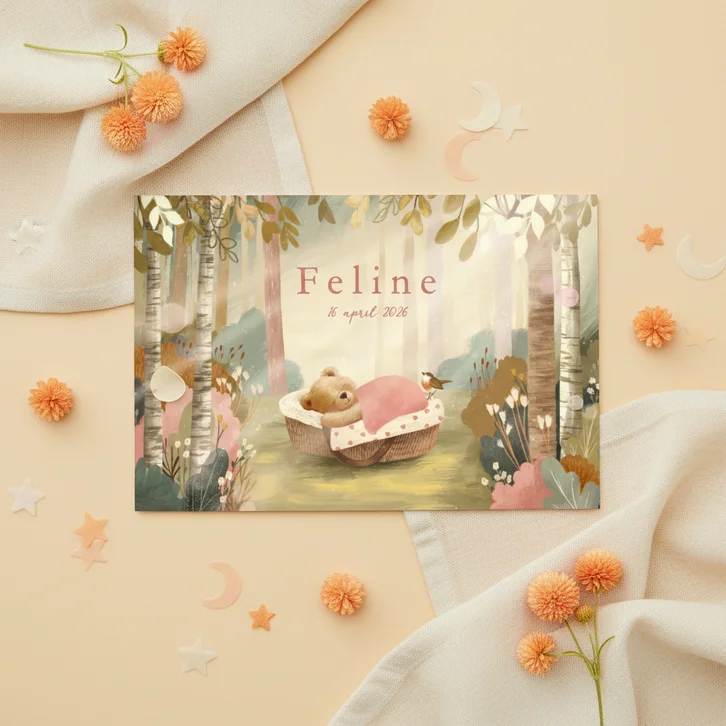 Geboortekaartje meisje met slapend beertje in het bos