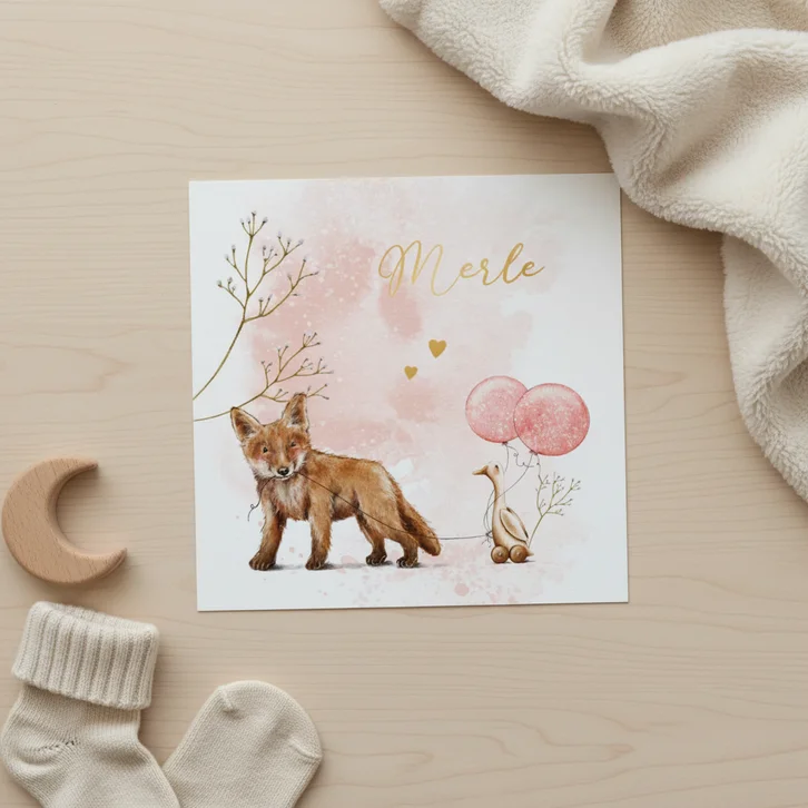 Geboortekaartje meisje met vos en speelgoed loopeend