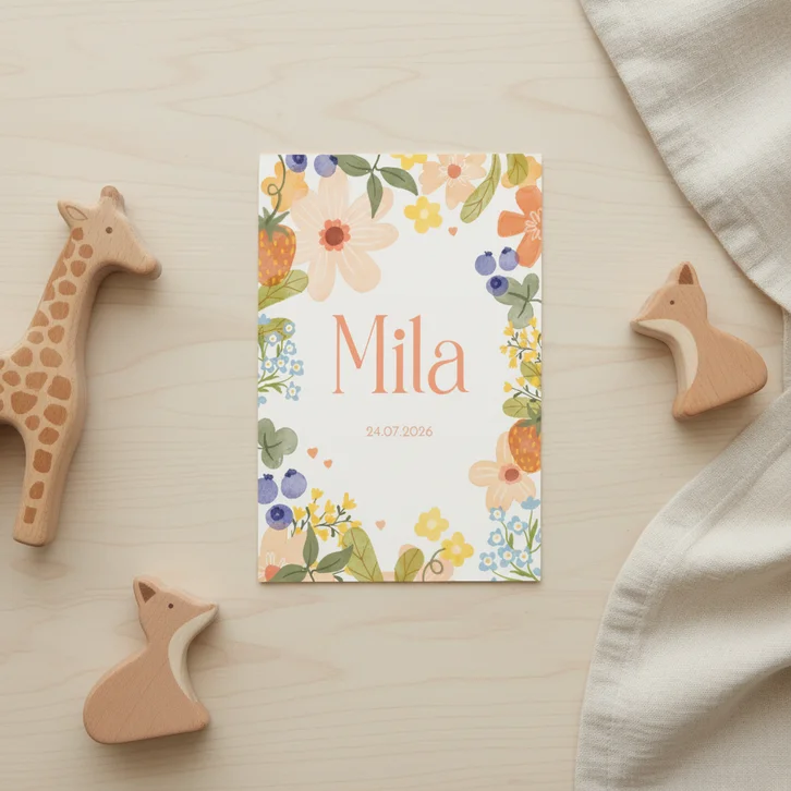 Geboortekaartje meisje met vrolijke bloemen