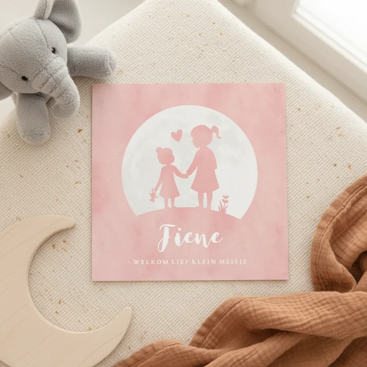 Geboortekaartje meisje met zusje hand in hand in volle maan