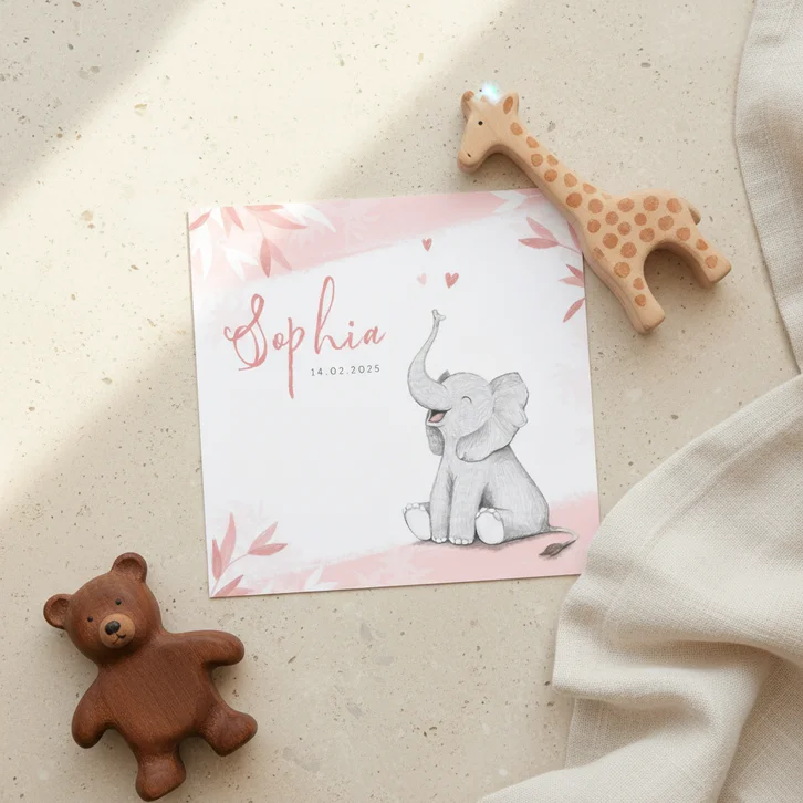 Geboortekaartje meisje olifant dieren roze illustratie