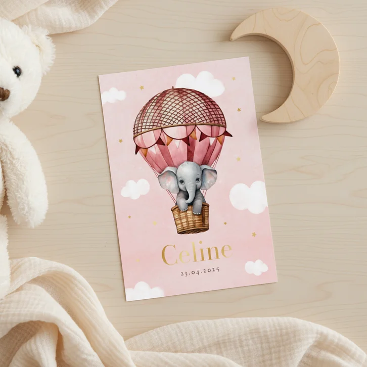 Geboortekaartje meisje olifant luchtballon wolken sterren