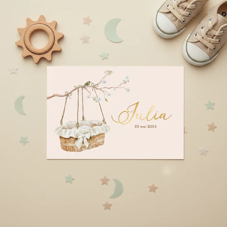 Geboortekaartje meisje rotan mandje aan takje met bloesem