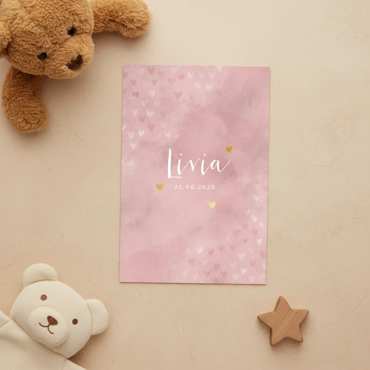 Geboortekaartje meisje roze waterverf met foliedruk hartjes