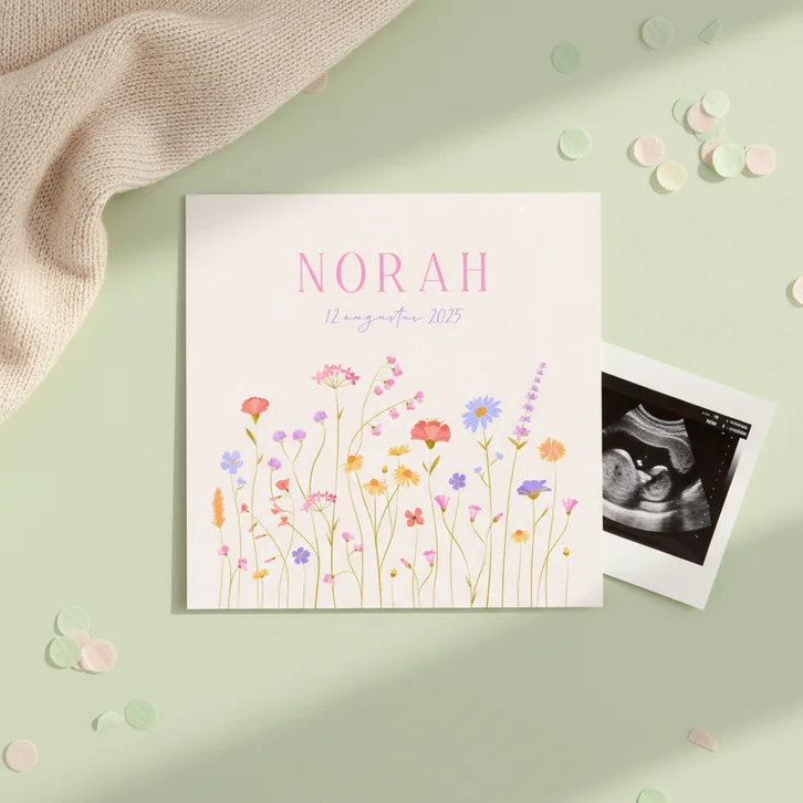 Geboortekaartje meisje sierlijk geïllustreerde wilde bloemen