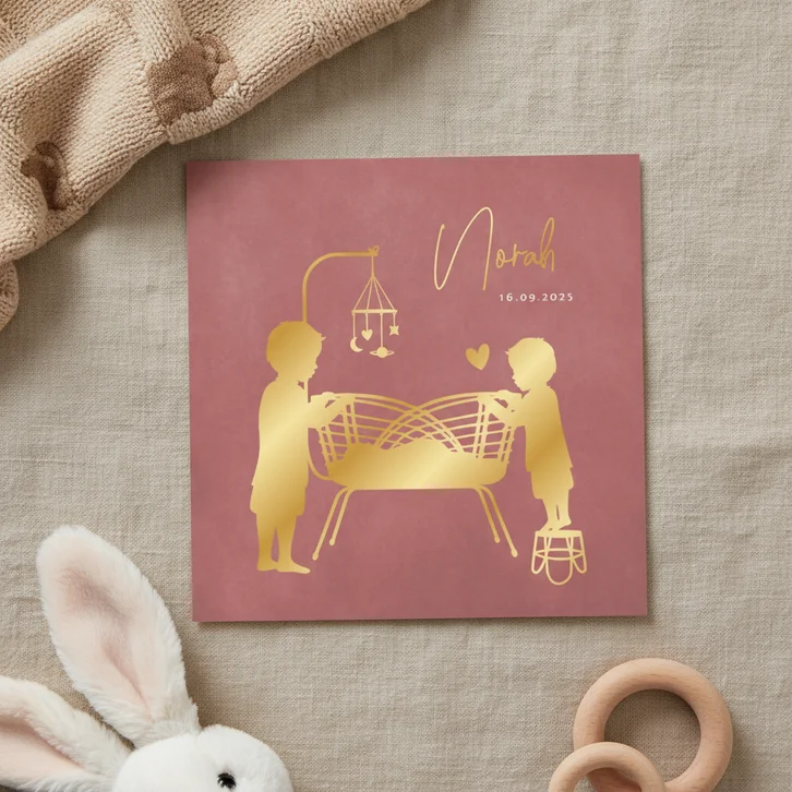 Geboortekaartje meisje silhouet wiegje en 2 grote broers