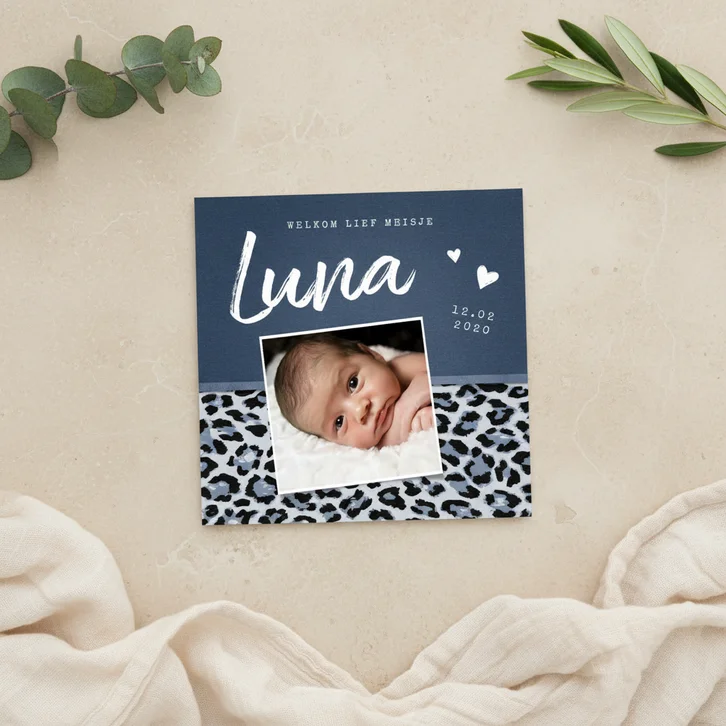 Geboortekaartje meisje stoer met luipaard print en foto