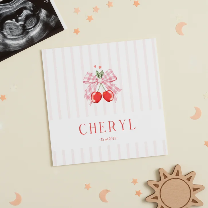 Geboortekaartje meisje strik met kersjes 