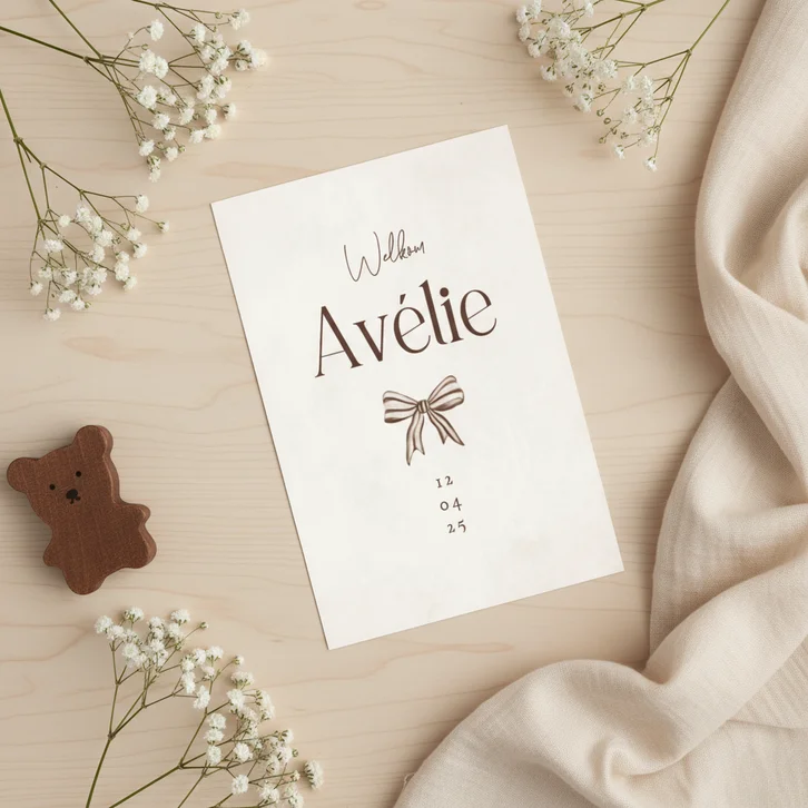 Geboortekaartje meisje strikje streepjes beige vintage