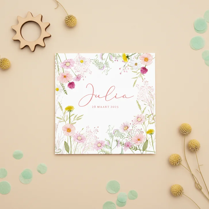 Geboortekaartje meisje veldbloemetjes pastel 