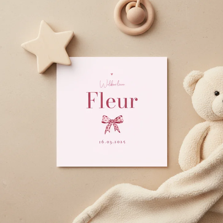 Geboortekaartje meisje vintage strikje klassiek roze stippen