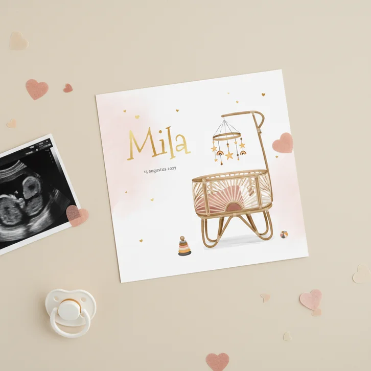 Geboortekaartje meisje waterverf roze rotan wiegje hartjes