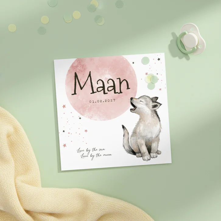 Geboortekaartje meisje wolf sterretjes maan waterverf