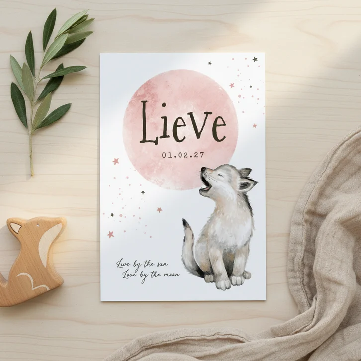 Geboortekaartje meisje wolfje sterretjes maan waterverf