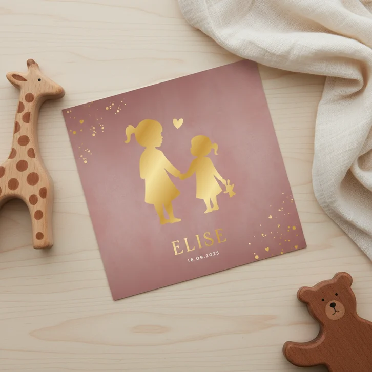 Geboortekaartje meisje zus met zusje silhouet in goudfolie