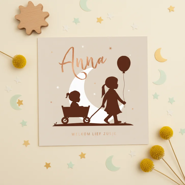 Geboortekaartje meisje zusje silhouet maan bolderkar zus