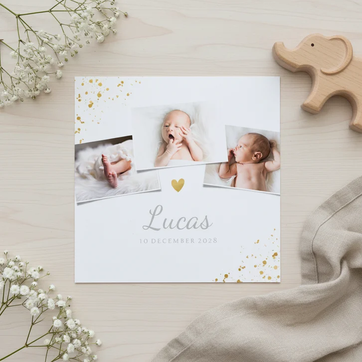 Geboortekaartje met 3 foto's en goudaccenten