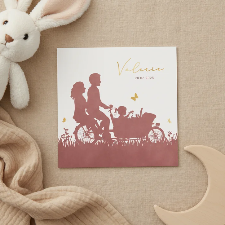 Geboortekaartje met bakfiets met grote zus en klein zusje