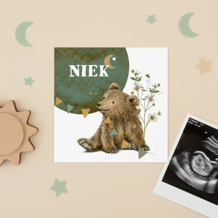 Geboortekaartje met beertje onder de maan