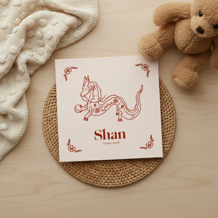 Geboortekaartje met Chinese draak in rood en roze