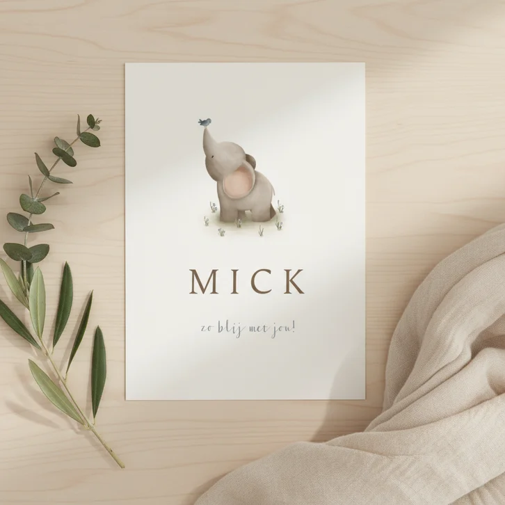 Geboortekaartje met een lief olifantje en blauwe vogel