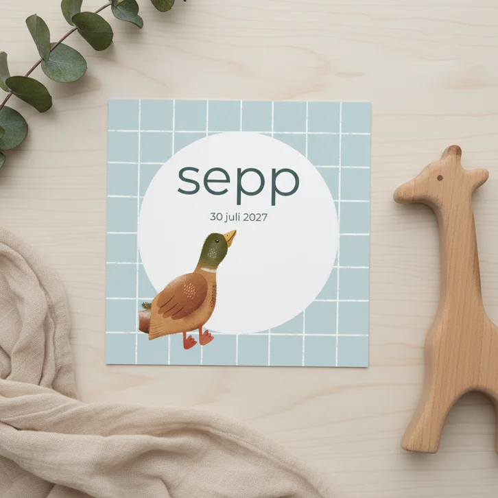 Geboortekaartje met een lieve eend en blokjespatroon