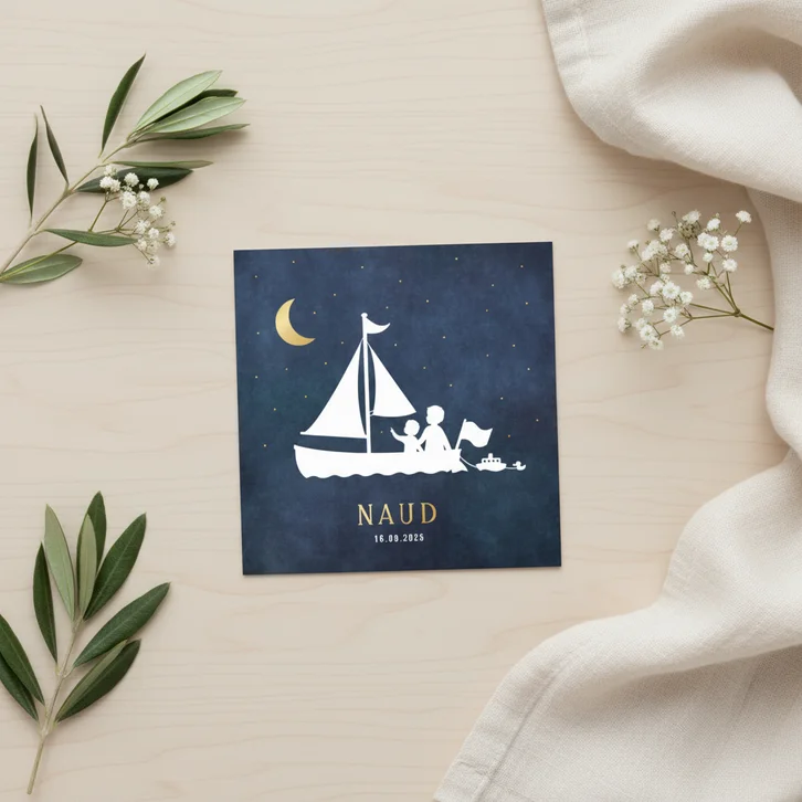 Geboortekaartje met een silhouet van broers in een zeilboot