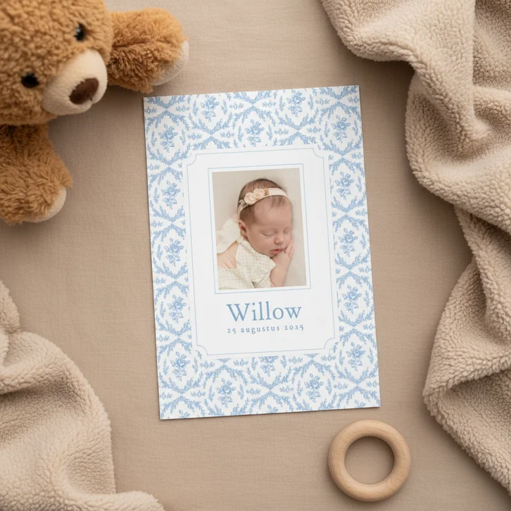 Geboortekaartje met foto en vintage patroon blauwe rozen
