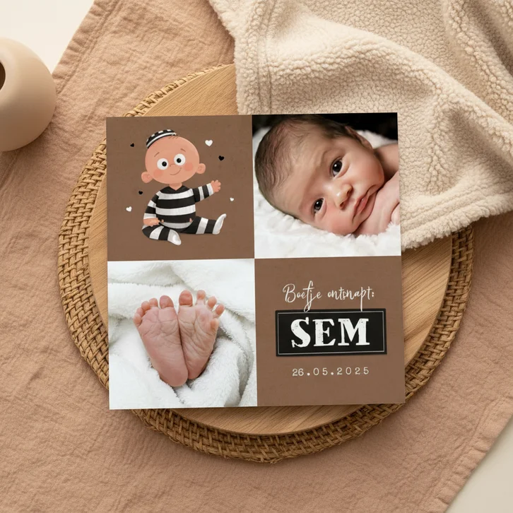 Geboortekaartje met foto lief babyboefje stoer crimineel