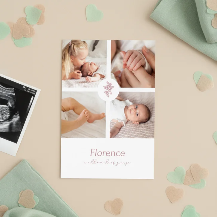 Geboortekaartje met fotocollage en vintage roze roosje