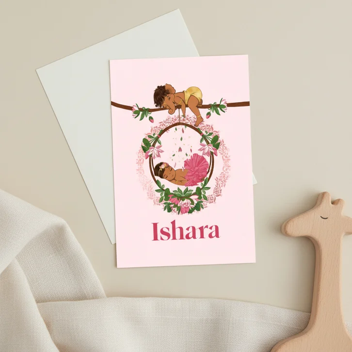 Geboortekaartje met Ganesha en baby meisje in wieg