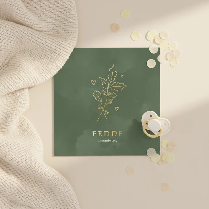 Geboortekaartje met geboortebloem december hulst goudfolie