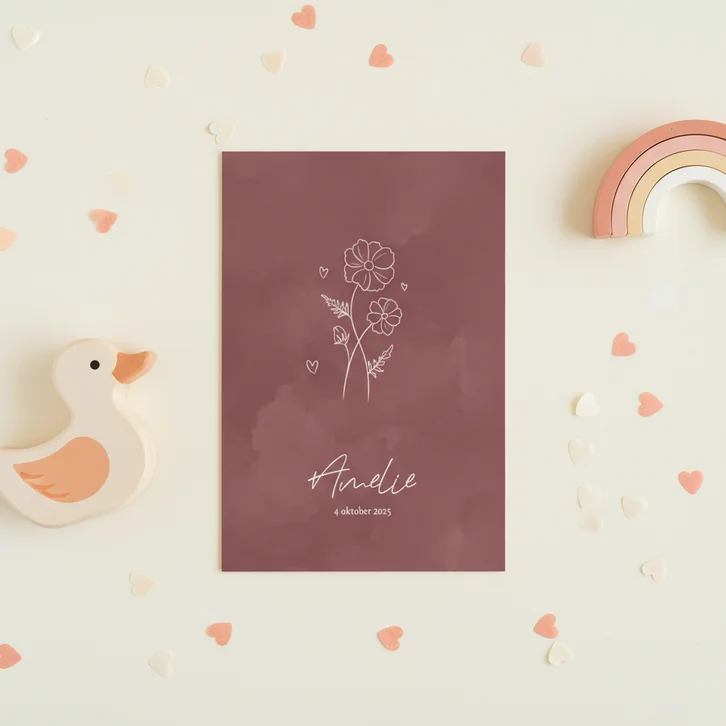 Geboortekaartje met geboortebloem oktober roze waterverf