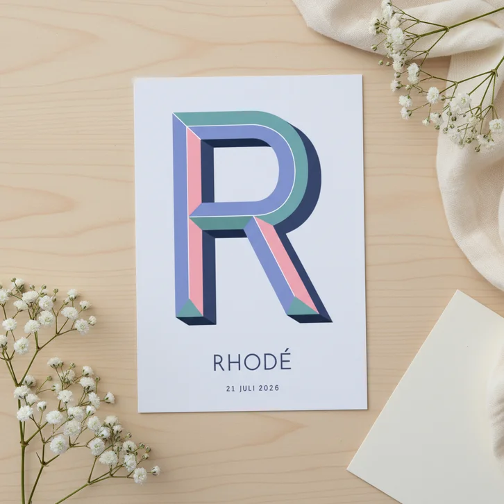Geboortekaartje met gekleurde 3d letter R teal roze