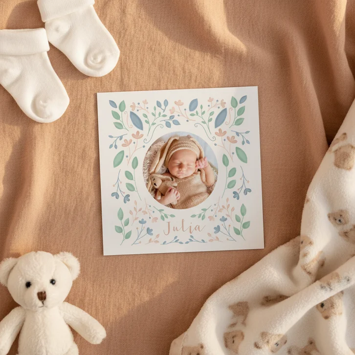 Geboortekaartje met geïllustreerde bloemen meisje