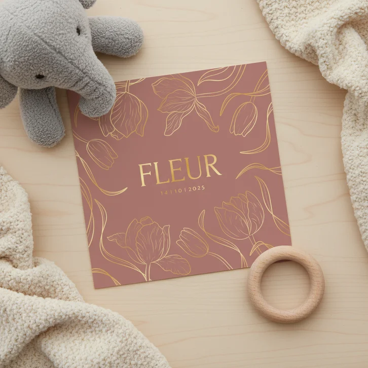 Geboortekaartje met gouden bloemen kader vintage roest rood