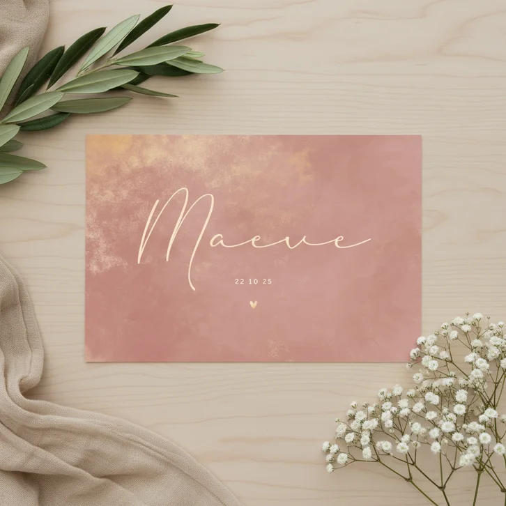 Geboortekaartje met gouden poeder en oudroze waterverf
