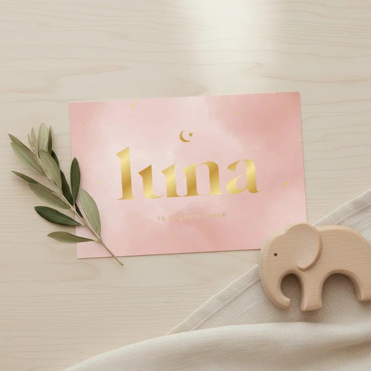 Geboortekaartje met goudfolie hartjes en roze waterverf