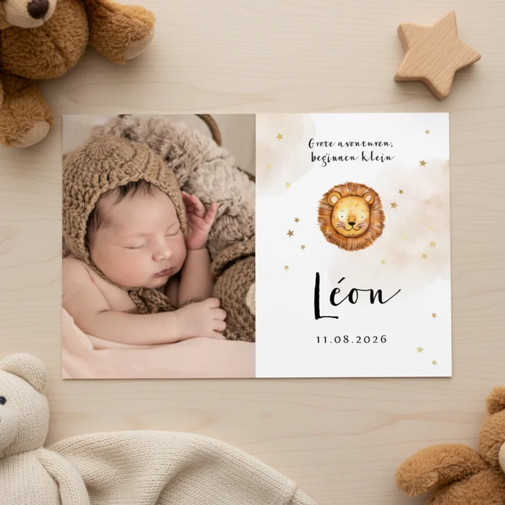 Geboortekaartje met grote foto, leeuwtje en sterretjes