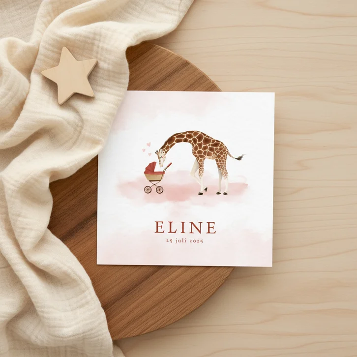 Geboortekaartje met illustratie giraf en kinderwagen