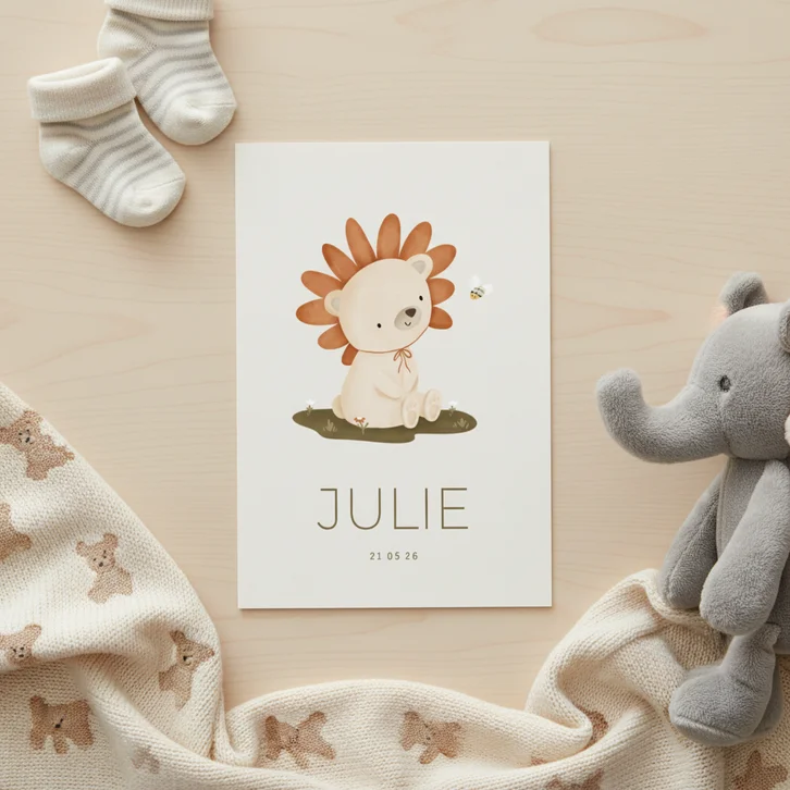 Geboortekaartje met illustratie van beertje met bloem