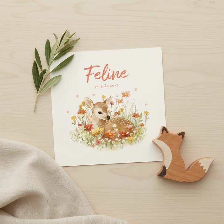 Geboortekaartje met jong hertje tussen de bloemen en hartjes