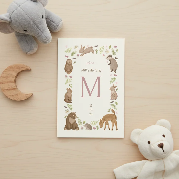 Geboortekaartje met kader van schattige dieren en plantjes