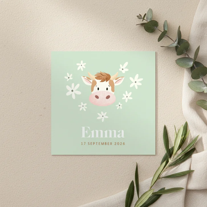 Geboortekaartje met koe en bloemen in hartjesvorm